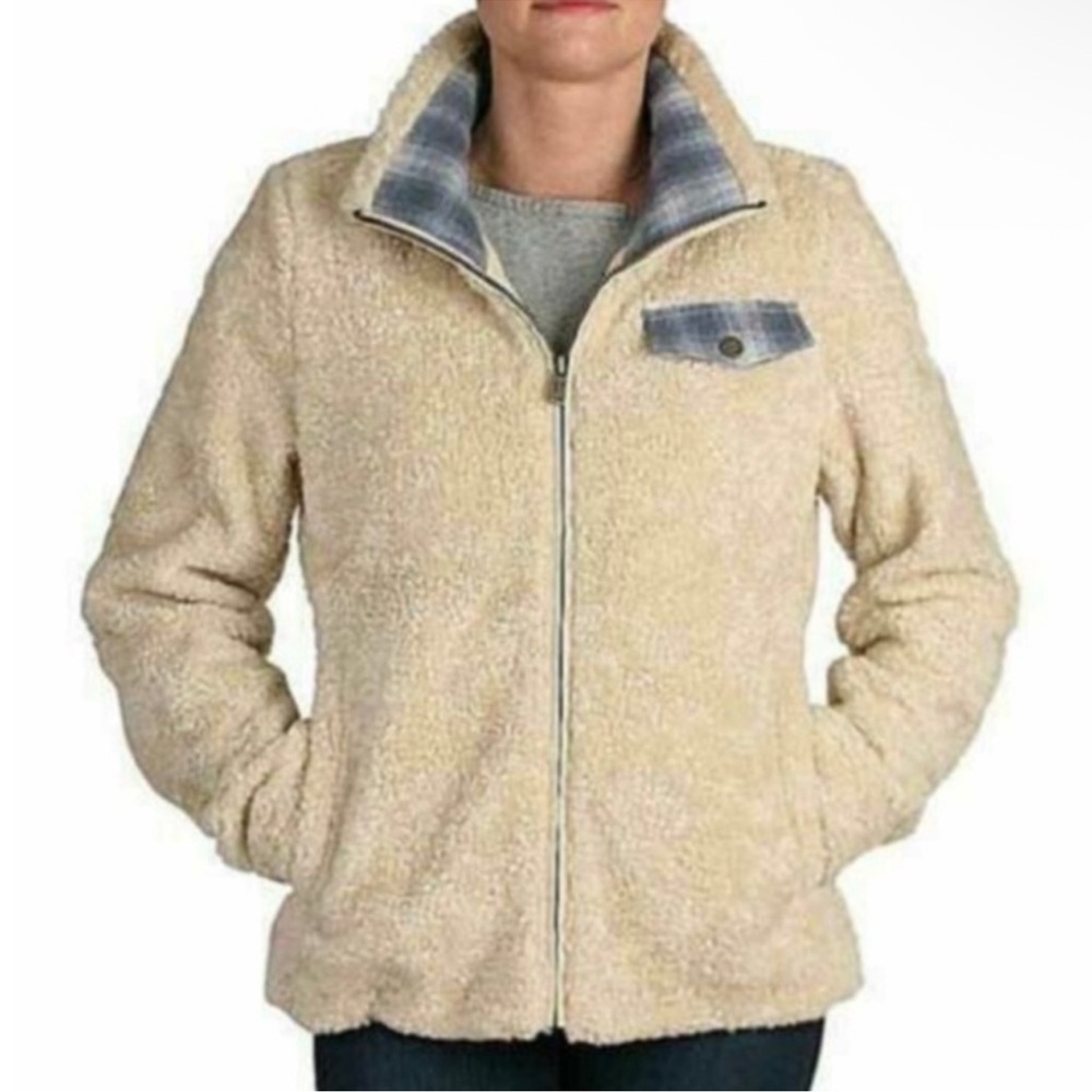 Pendleton Sherpa Cream Full Zip Jacket Blue Plaid Accents Teddy